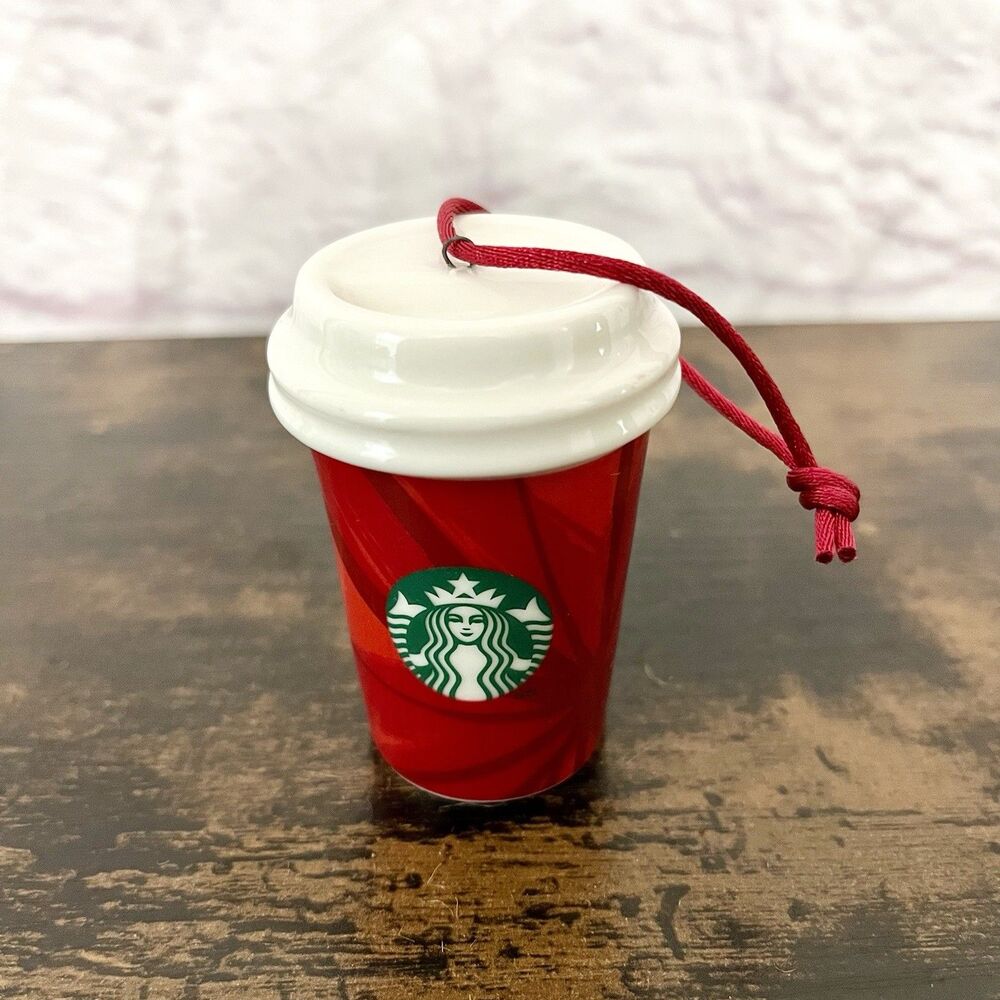 Starbucks 2014 Ceramic Red Holiday Coffee Cup Christmas Tree Ornament 2.5”